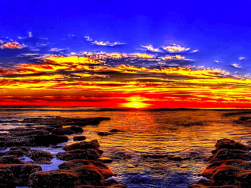 Sunset over Rocky Shore — Blue, Dramatic, Photograph, Sky, Clouds