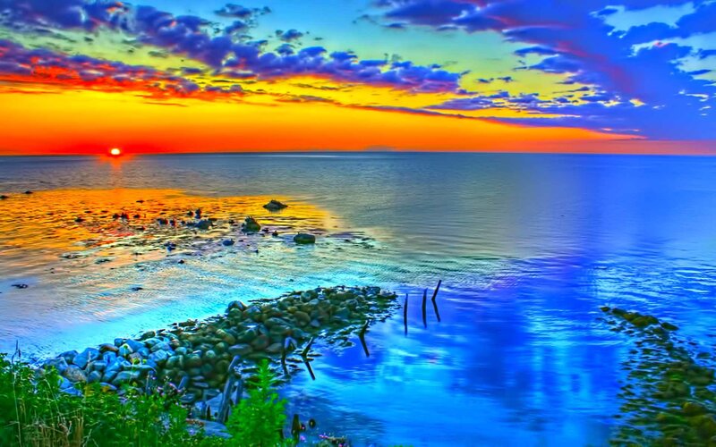 Sunset over Rocky Shore — Blue, Dramatic, Photograph, Sun, Ocean