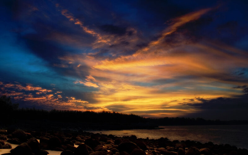 Sunset over Rocky Shore — Blue, Dramatic, Photograph
