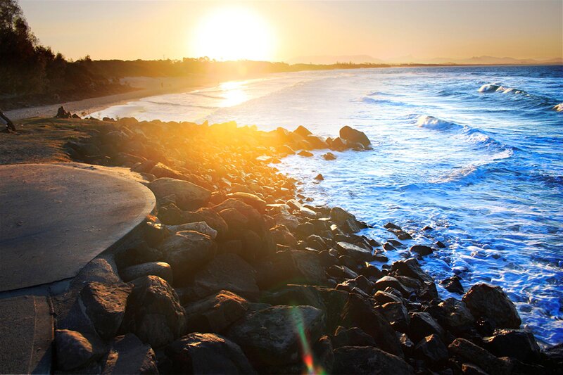 Sunset over Rocky Shore — Blue, Serene, Photograph, Ocean
