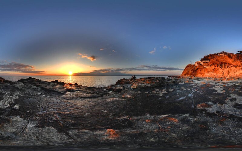 Sunset over Rocky Shore — Blue, Serene, Photograph, Sea, Cliff