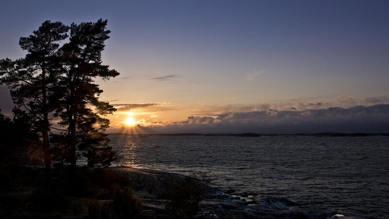 Sunset over Rocky Shore — Blue, Serene, Photograph, Trees
