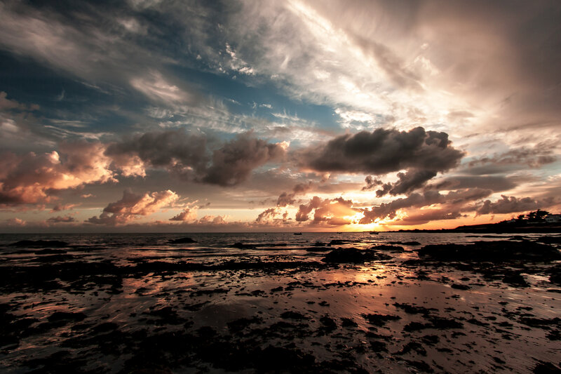 Sunset over Rocky Shore — Orange, Dramatic, Photograph, Clouds, Ocean