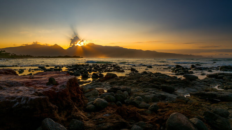 Sunset over Rocky Shore — Orange, Dramatic, Photograph, Mountains, Ocean
