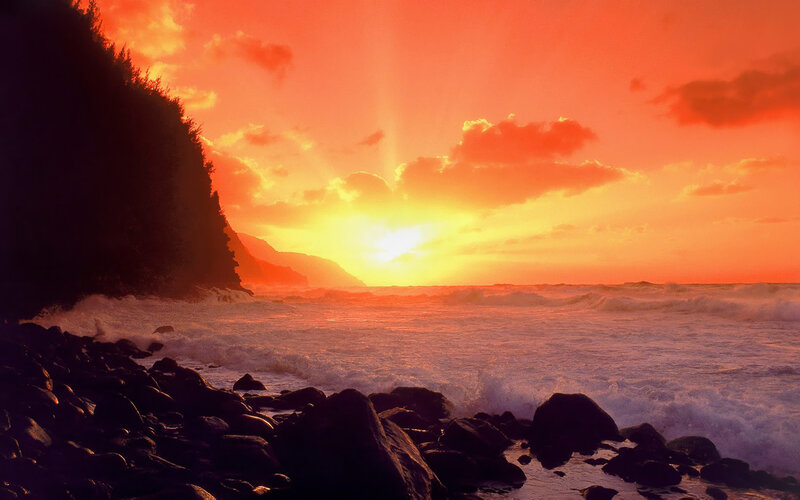 Sunset over Rocky Shore — Orange, Dramatic, Photograph, Ocean, Cliff, Clouds