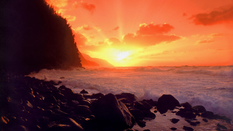 Sunset over Rocky Shore — Orange, Dramatic, Photograph, Ocean, Cliff