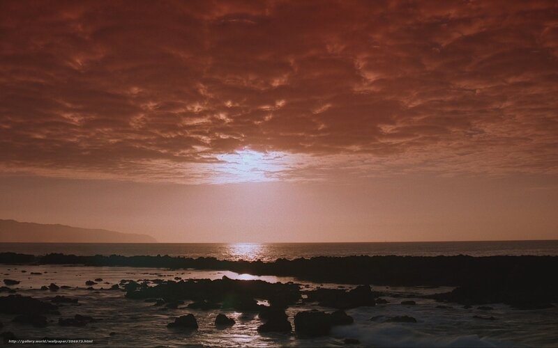 Sunset over Rocky Shore — Orange, Dramatic, Photograph, Ocean, Clouds, Rocks