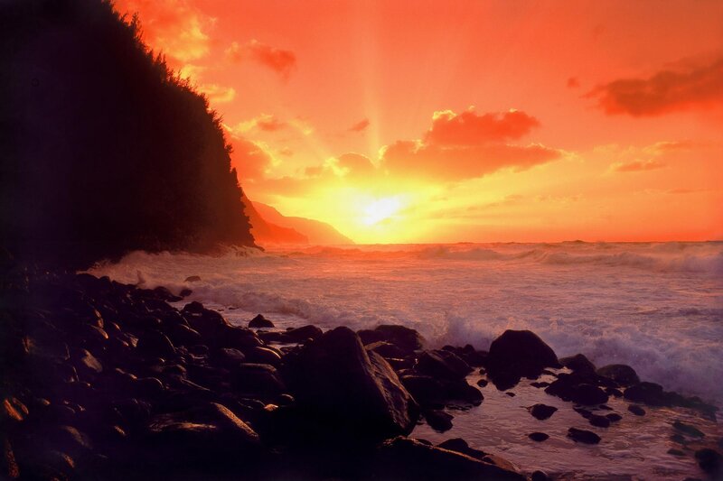 Sunset over Rocky Shore — Orange, Dramatic, Photograph, Ocean, Rocks, Mountain, Red