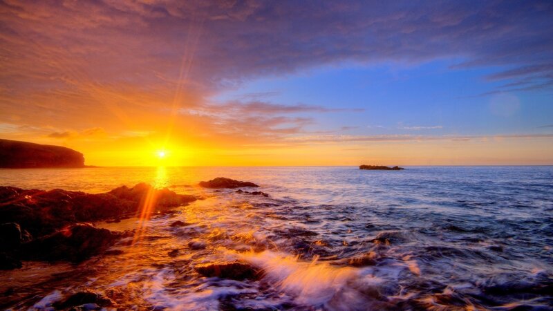 Sunset over Rocky Shore — Orange, Dramatic, Photograph, Ocean, Rocks, Sun