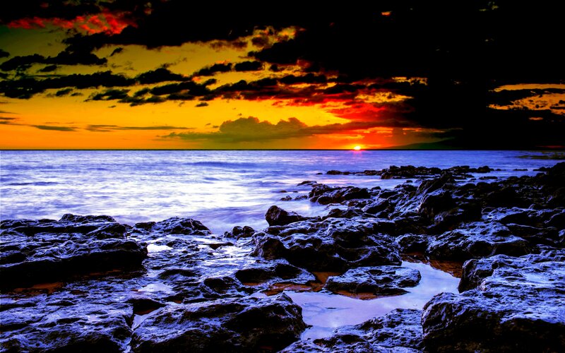 Sunset over Rocky Shore — Orange, Dramatic, Photograph, Ocean, Sky