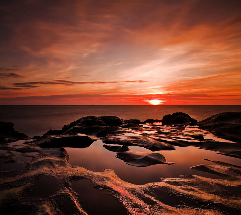 Sunset over Rocky Shore — Orange, Dramatic, Photograph, Ocean