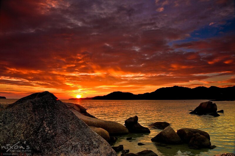 Sunset over Rocky Shore — Orange, Dramatic, Photograph, Rocks, Sea, Clouds