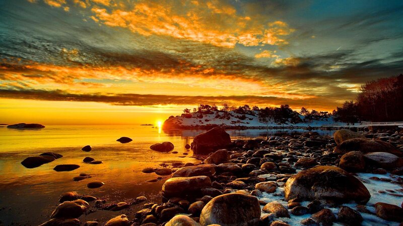 Sunset over Rocky Shore — Orange, Dramatic, Photograph, Rocks, Sea, Sky