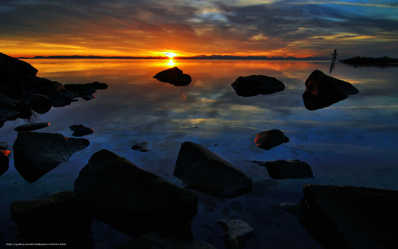 Sunset over Rocky Shore — Orange, Dramatic, Photograph, Rocks, Sun