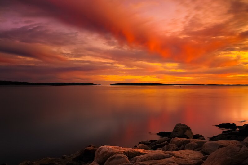Sunset over Rocky Shore — Orange, Dramatic, Photograph, Rocks, Water, Sky