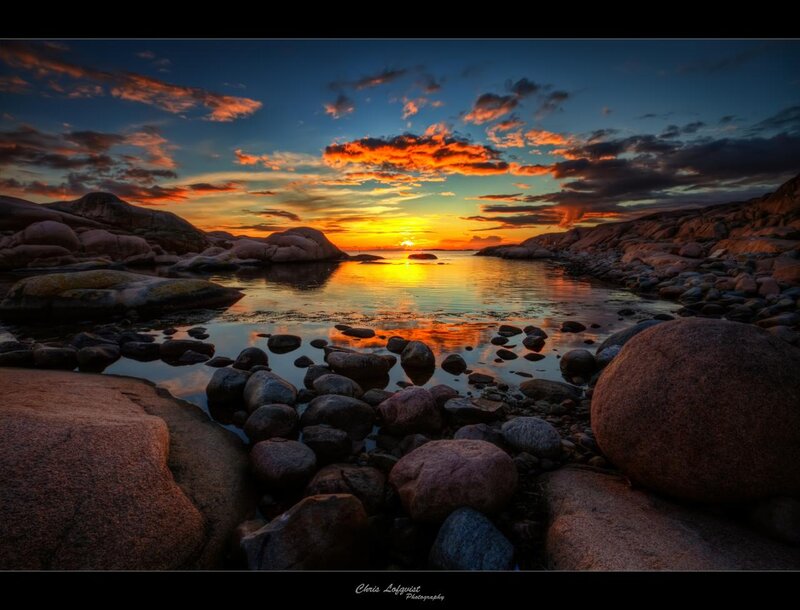 Sunset over Rocky Shore — Orange, Dramatic, Photograph, Rocks, Water