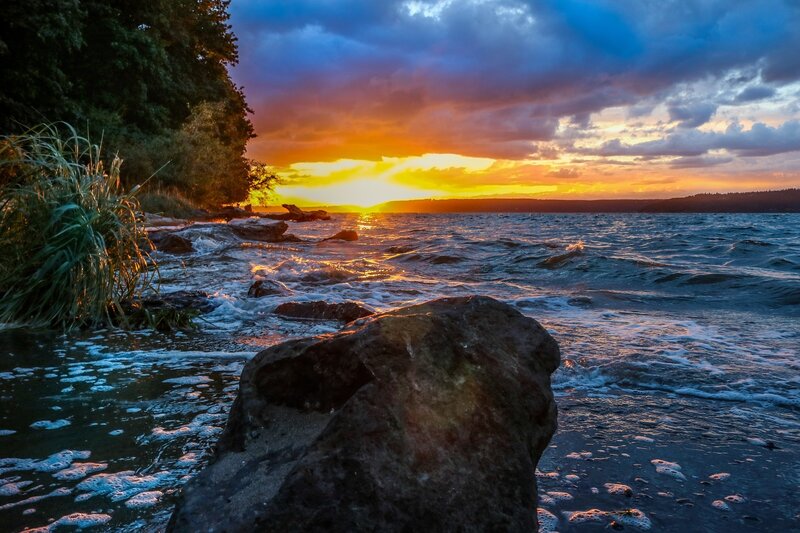 Sunset over Rocky Shore — Orange, Dramatic, Photograph, Rocks, Waves