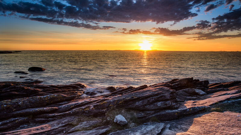 Sunset over Rocky Shore — Orange, Dramatic, Photograph, Sea, Rocks