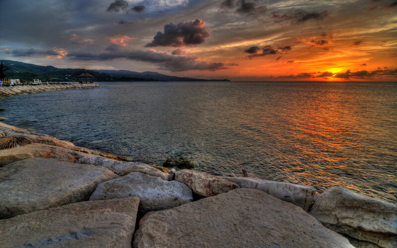 Sunset over Rocky Shore — Orange, Dramatic, Photograph, Sea