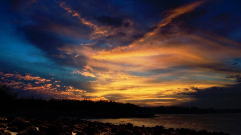 Sunset over Rocky Shore — Orange, Dramatic, Photograph, Sky