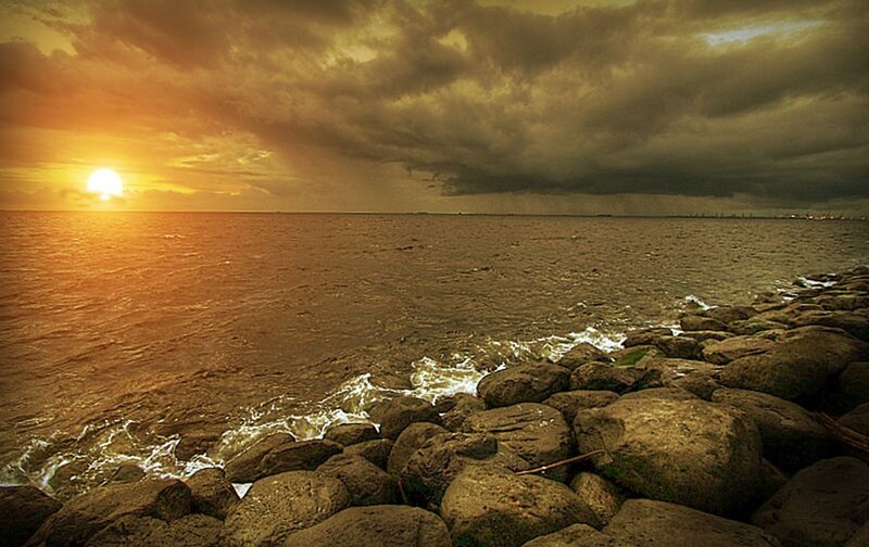Sunset over Rocky Shore — Orange, Dramatic, Photograph, Sun, Clouds