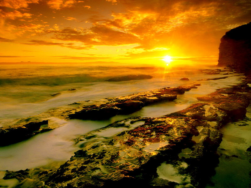 Sunset over Rocky Shore — Orange, Dramatic, Photograph, Sun, Ocean, Cliff