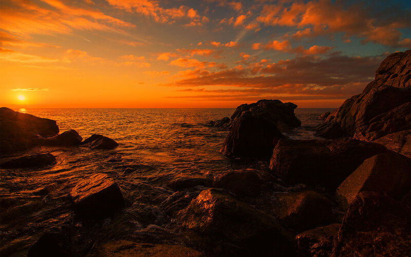 Sunset over Rocky Shore — Orange, Dramatic, Photograph, Sun, Ocean, Rocks, Clouds