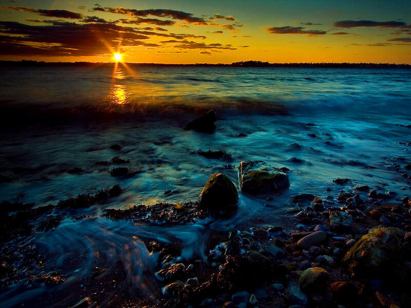 Sunset over Rocky Shore — Orange, Dramatic, Photograph, Sun, Ocean, Rocks
