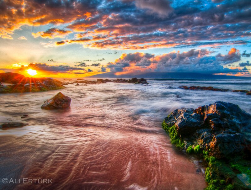 Sunset over Rocky Shore — Orange, Dramatic, Photograph, Sun, Rocks, Ocean