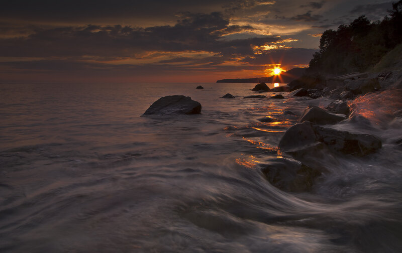 Sunset over Rocky Shore — Orange, Dramatic, Photograph, Sun, Rocks, Sea
