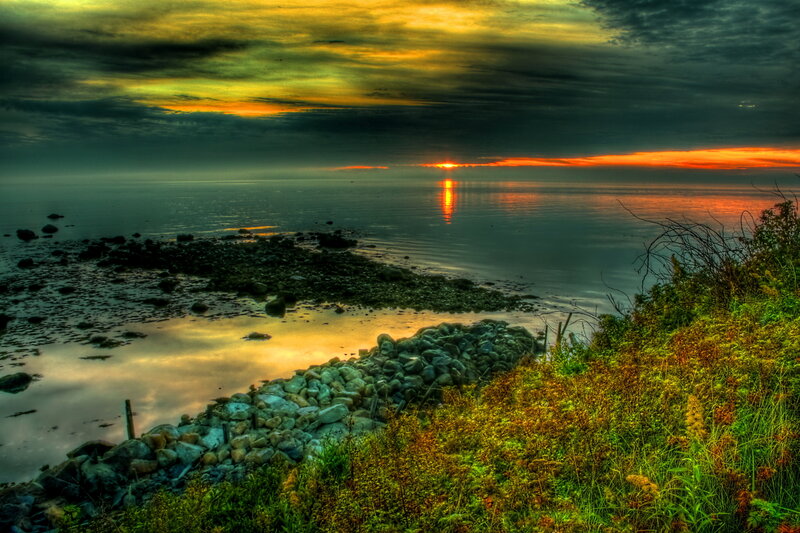 Sunset over Rocky Shore — Orange, Dramatic, Photograph, Sun, Sea