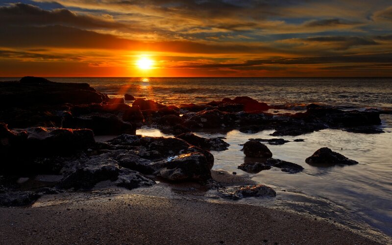 Sunset over Rocky Shore — Orange, Dramatic, Photograph, Sun