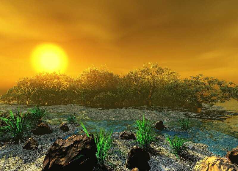 Sunset over Rocky Shore — Orange, Serene, 3d Render