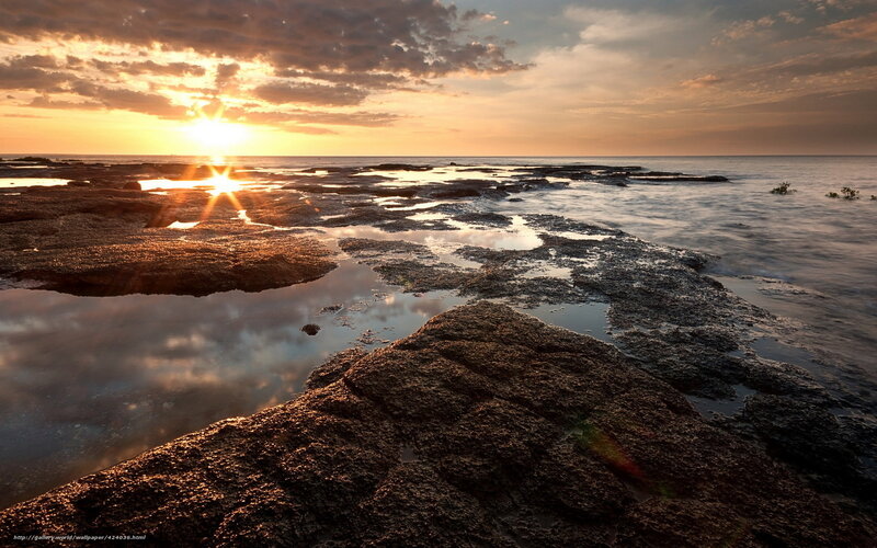 Sunset over Rocky Shore — Orange, Serene, Photograph, Ocean, Clouds