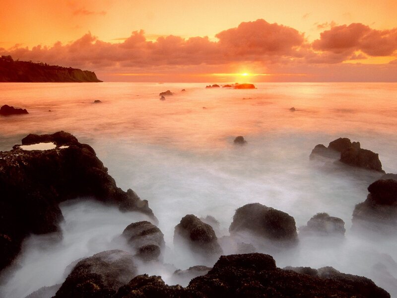 Sunset over Rocky Shore — Orange, Serene, Photograph, Ocean, Rocks, Clouds, Pink, Black