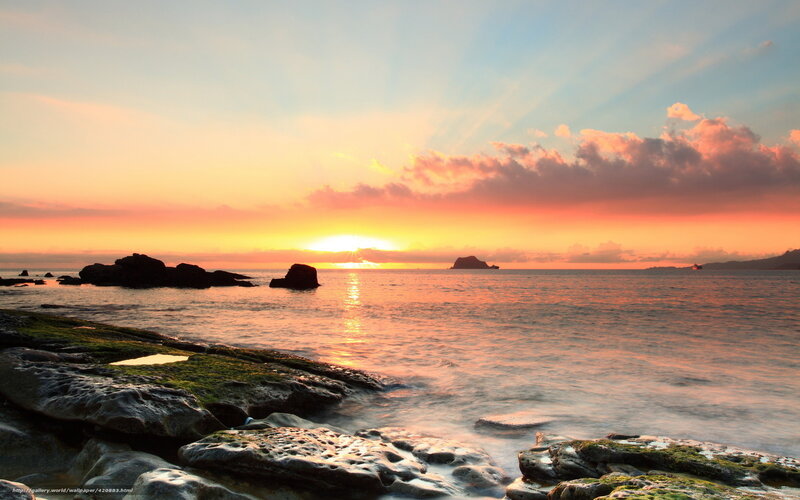 Sunset over Rocky Shore — Orange, Serene, Photograph, Rocks, Sea, Clouds