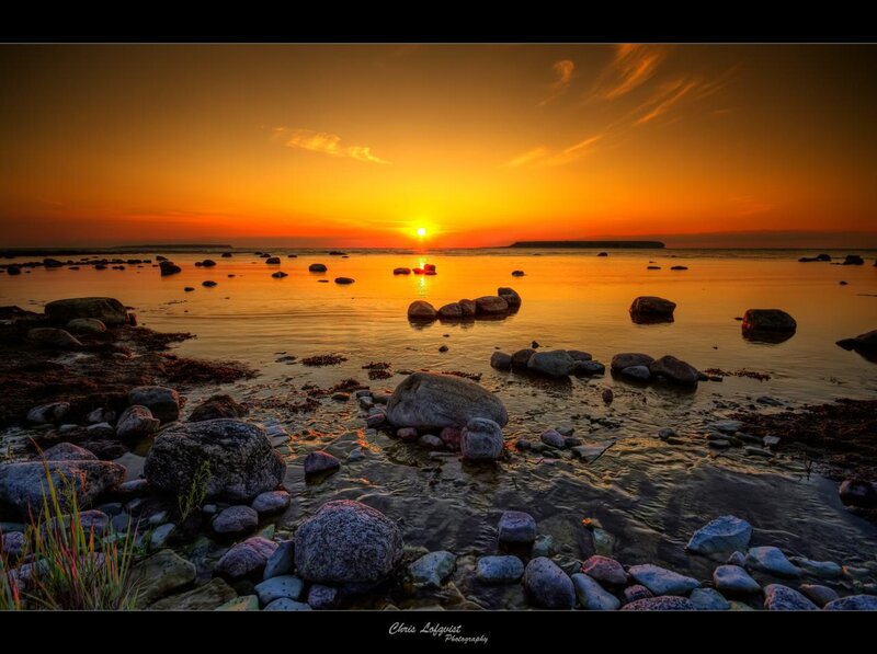 Sunset over Rocky Shore — Orange, Serene, Photograph, Rocks, Sea, Sky