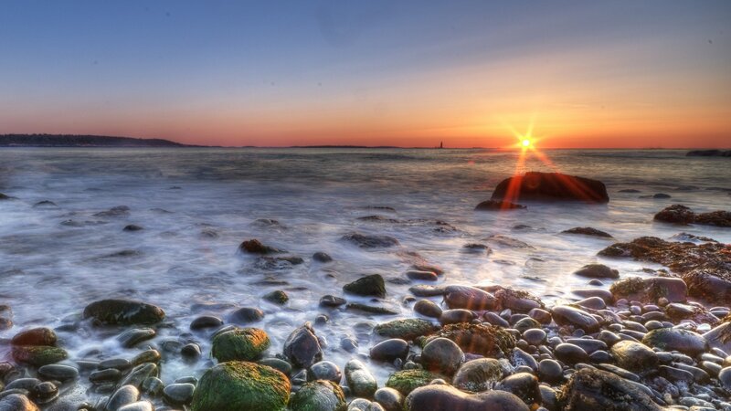 Sunset over Rocky Shore — Orange, Serene, Photograph, Sun, Ocean, Rocks