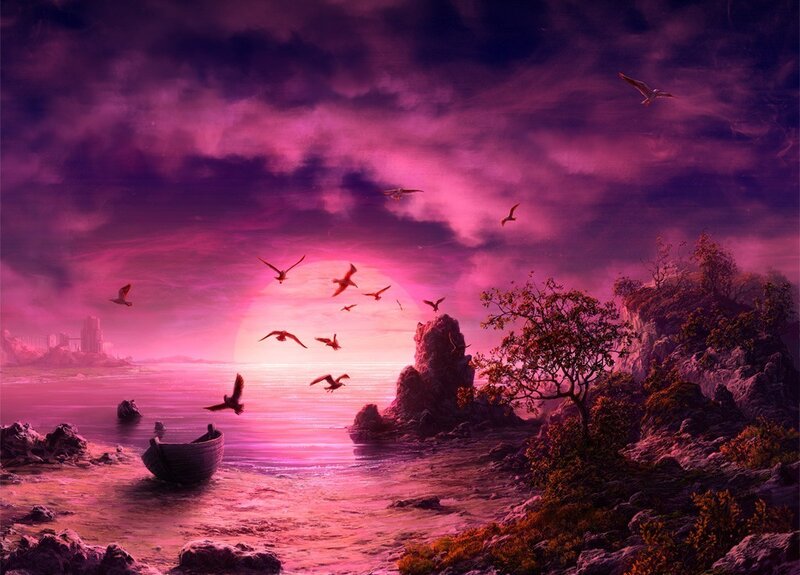 Sunset over Rocky Shore — Purple, Dramatic, Digital Art, Birds
