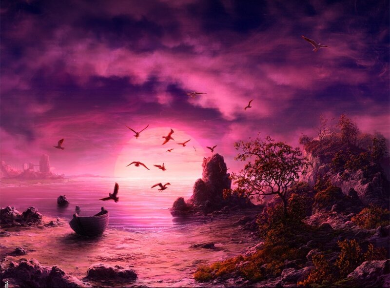 Sunset over Rocky Shore — Purple, Dramatic, Digital Art