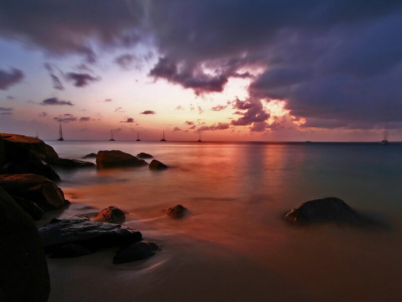 Sunset over Rocky Shore — Purple, Dramatic, Photograph, Boats