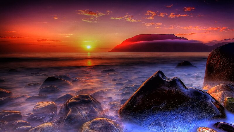 Sunset over Rocky Shore — Purple, Dramatic, Photograph, Mountain