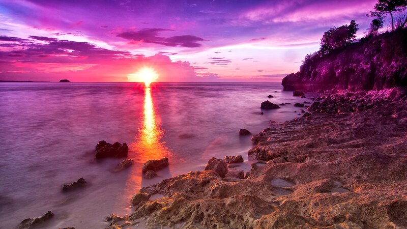Sunset over Rocky Shore — Purple, Dramatic, Photograph, Ocean, Rocks