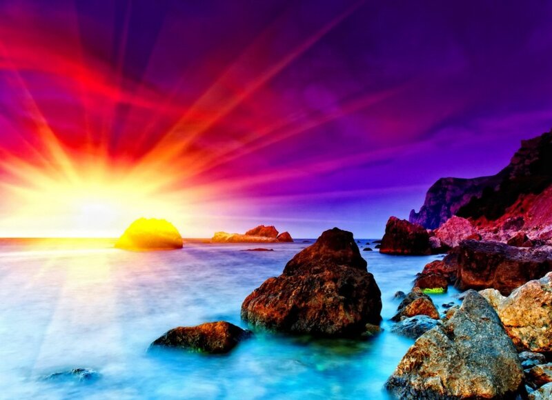Sunset over Rocky Shore — Purple, Dramatic, Photograph, Rocks, Ocean