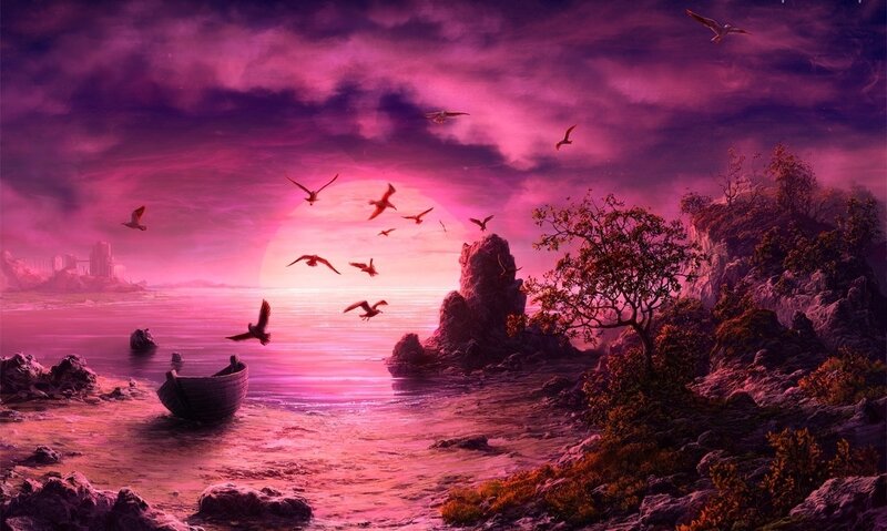 Sunset over Rocky Shore — Purple, Dramatic