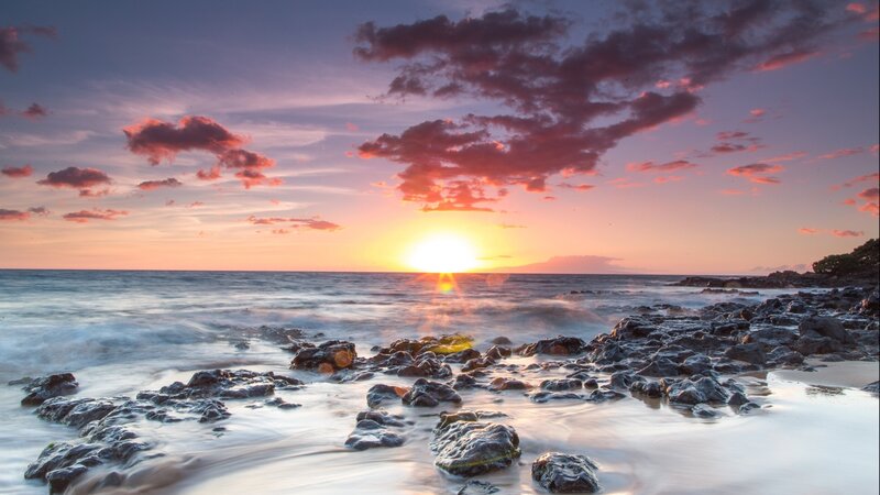 Sunset over Rocky Shore — Purple, Serene, Photograph, Ocean