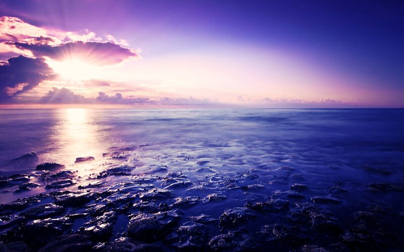 Sunset over Rocky Shore — Purple, Serene, Photograph, Sun, Clouds, Ocean