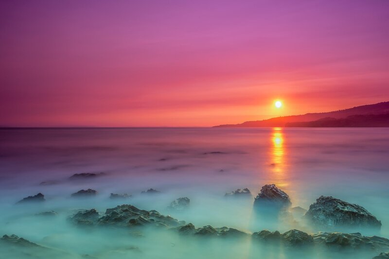 Sunset over Rocky Shore — Purple, Serene, Photograph, Sun, Ocean