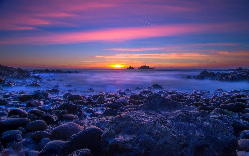 Sunset over Rocky Shore — Purple, Serene, Photograph, Sun, Rocks
