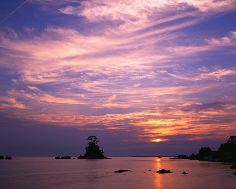 Sunset over Rocky Shore — Purple, Serene, Photograph, Sun, Rocks, Trees